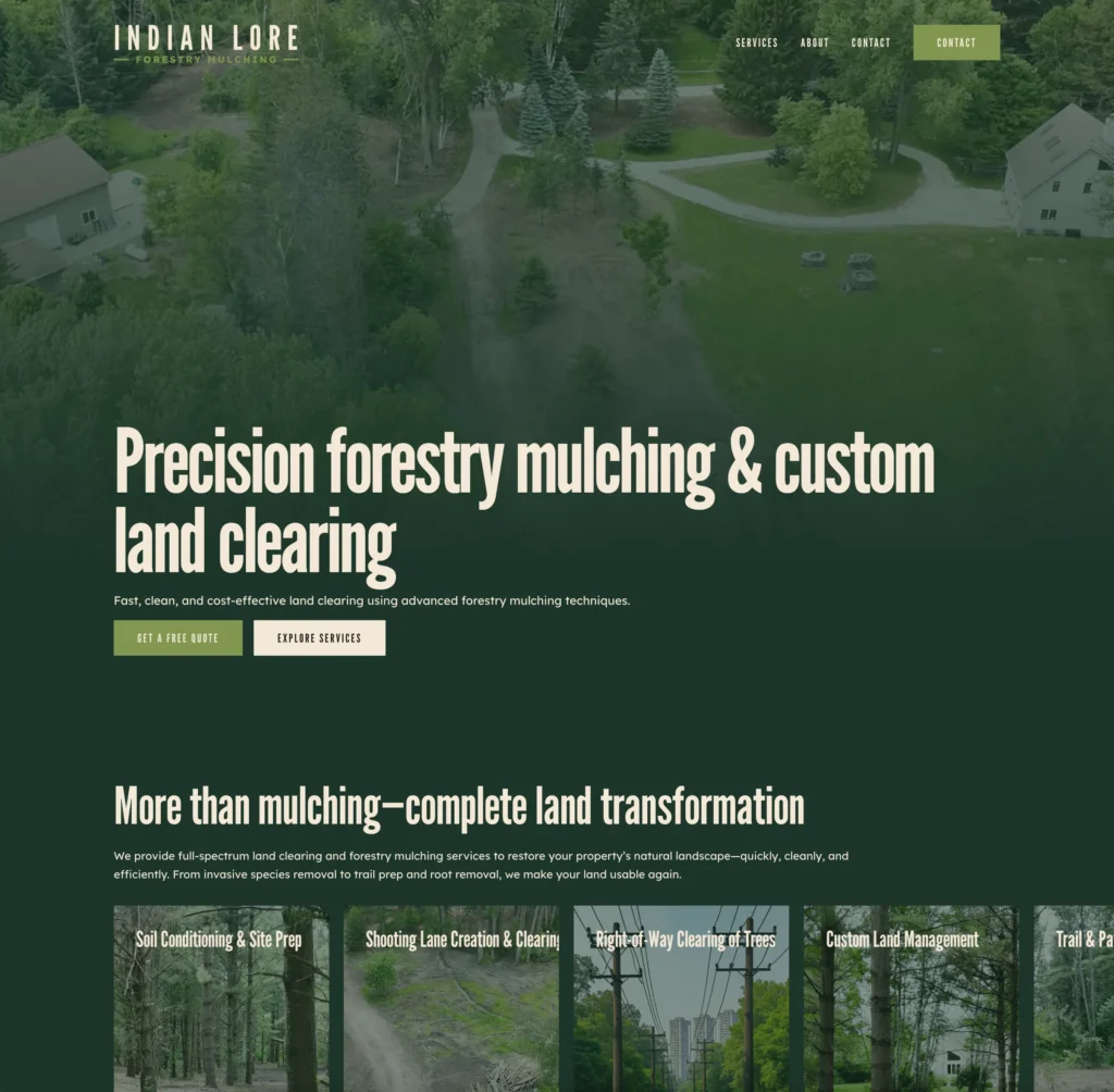 Aerial view of forested residential property with driveway and houses, Indian Lore Forestry Mulching website header.